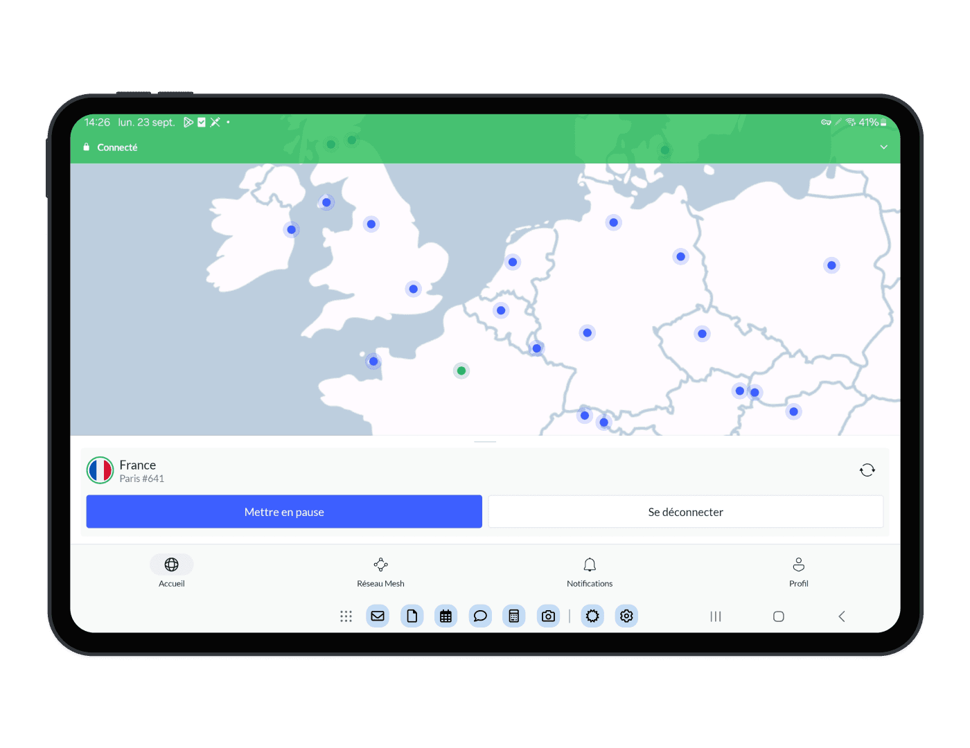 Application NordVPN pour tablette Android connectée à un serveur en France