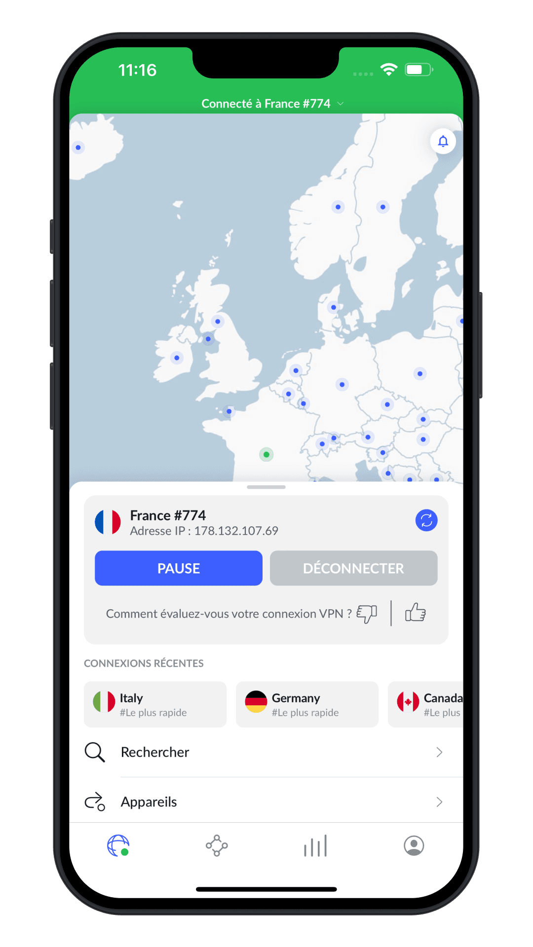 Application NordVPN pour iPhone connectée à un serveur en France