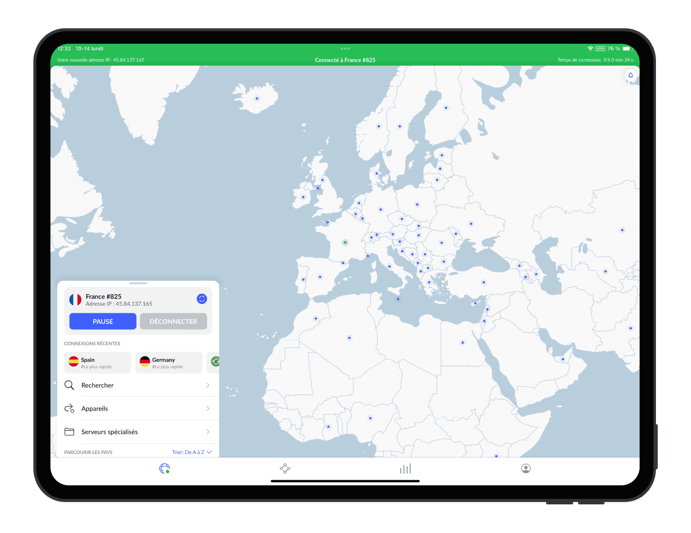 Application NordVPN pour iPad connectée à un serveur en France
