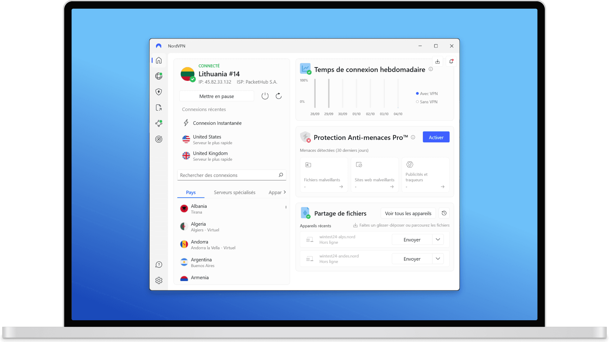 Application NordVPN pour Windows connectée à un serveur, avec le panneau Protection Anti-menaces Pro